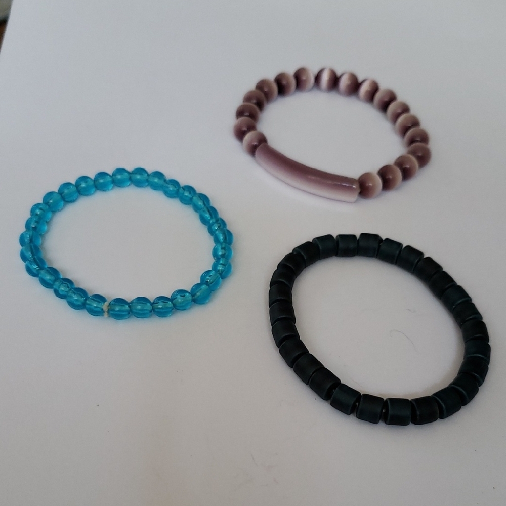 Set of 3 Beaded Bracelets - Clear Blue Plastic, Purple Cats Eye, Dark Green Wood